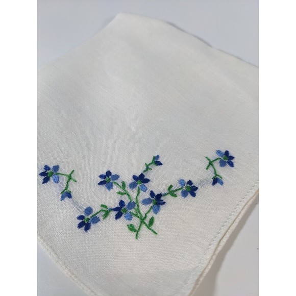 Vintage Embroidered Blue Flowers floral Handkerchief 9” Cottagecore Hanky Scarf - Picture 2 of 7